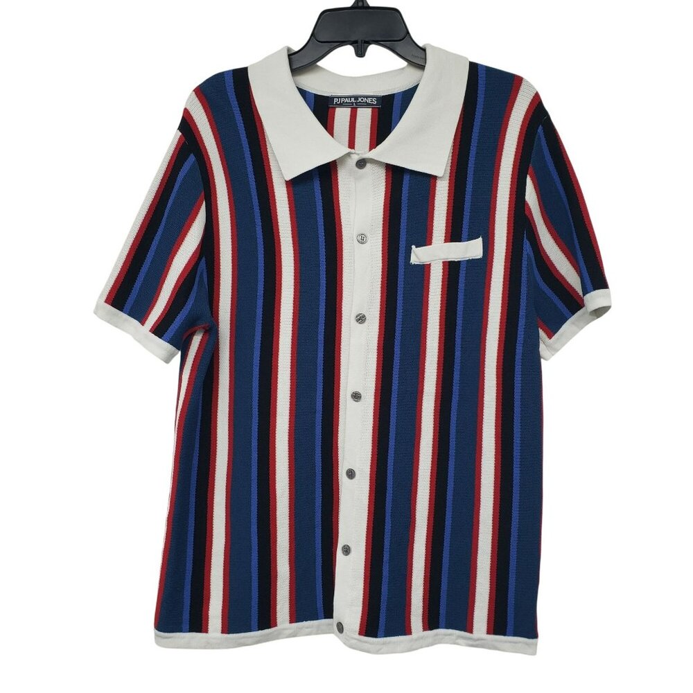 PJ Paul Jones Blue Red White Striped Knit Polo Shirt Mens L Large Preppy
